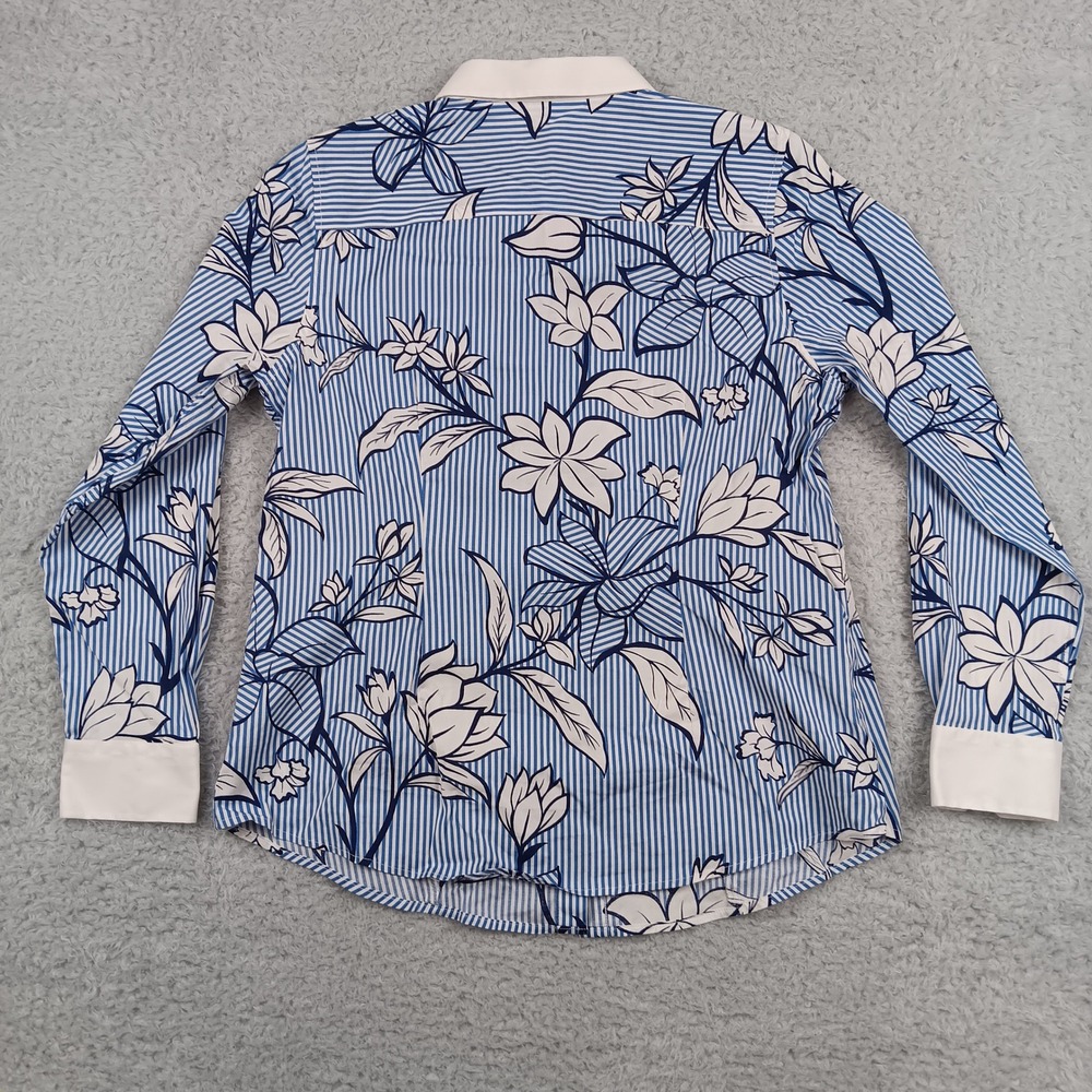 Talbots Button Front Non-Iron Shirt Woman 8P Blue Floral Striped ID5134 - Picture 2 of 7